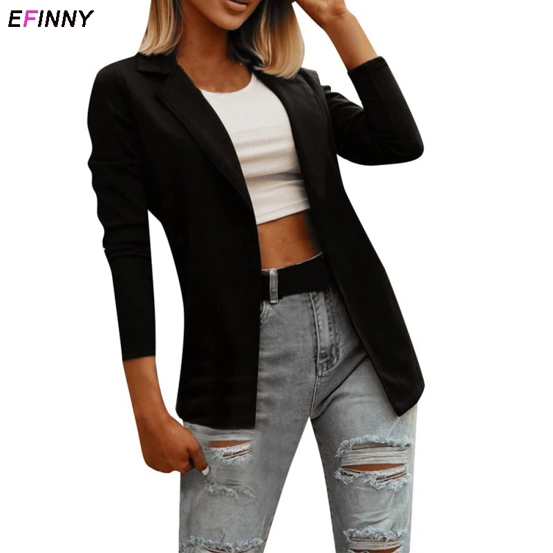 Блейзер с лацканами EFINNY, пальто для офисной леди, с длинным рукавом, с накладными карманами, черные повседневные свободные куртки, Женский д...