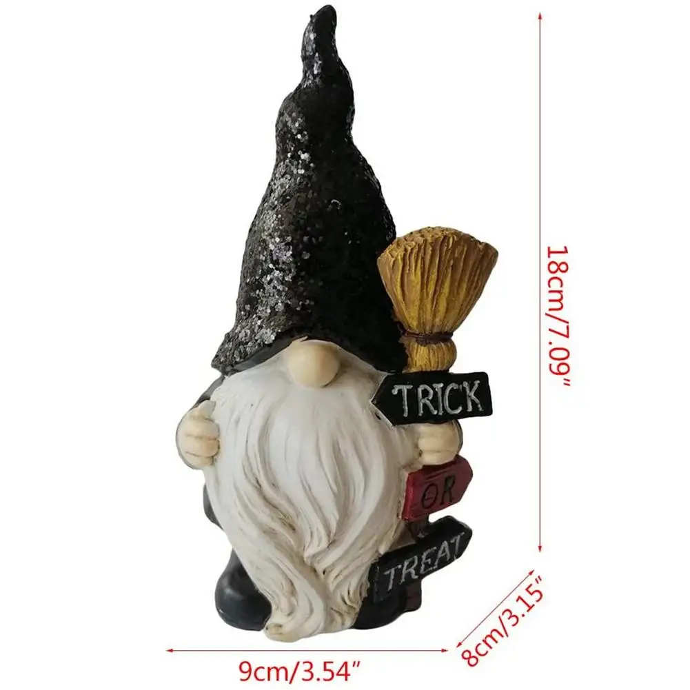 

Trick Or Treat Creative Halloween Black Goblin Dwarf Resin Statue Halloween Garden Decoration Ornaments Broom Pumpkin Goblin