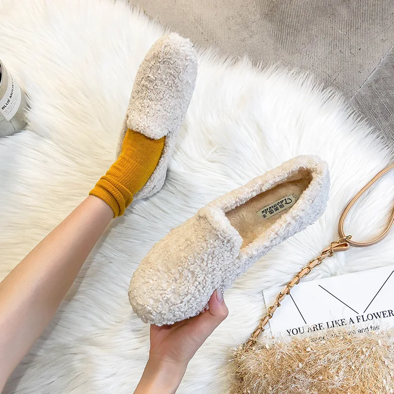 

Casual Fur Flats Shoes Women Winter Fleece Loafers Round Toe Furry Slides Shallow Slip On Flat Shoes Comfortable Zapatos Mujer