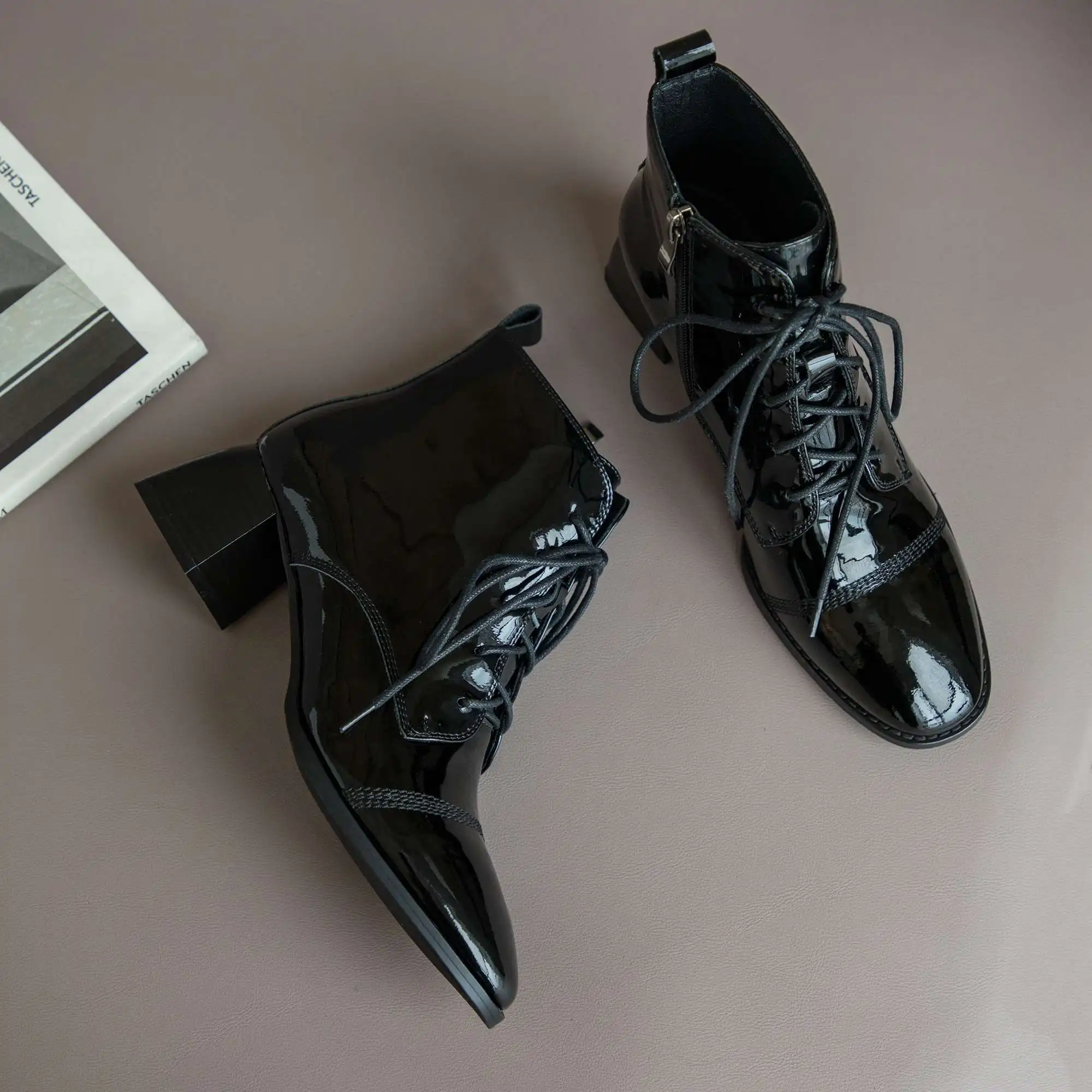 

Lenkisen new ins fashion round toe high heel solid winter shoes keep warm young lady mature elegant cross-tied ankle boots L46