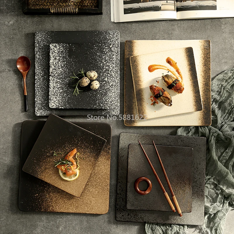

Square Plate Dish Color Glaze Flat Plate Barbecue Plate Grilled Wing Plate Skewers Barbecue Plate Saury Ceramic Plate Tableware