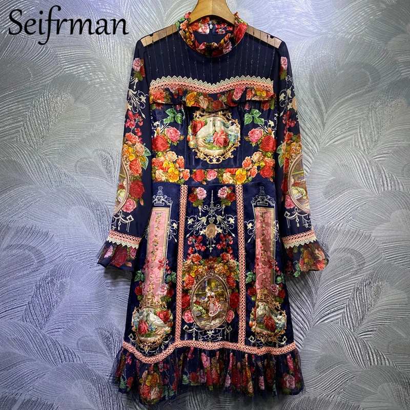 

Seifrmann летние модные дизайнерские качественные женские вечерние платье трапециевидной формы с кружевным гофрированным воротником Flare рукав...