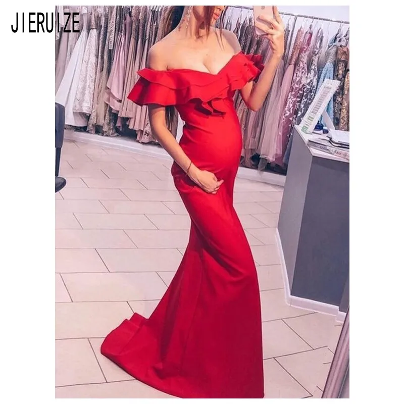 

JIERUIZE Sexy Red Mermaid Evening Dresses Off the Shoulder Backless Pregnant Woman Formal Dresses Prom Gowns vestidos de fiesta