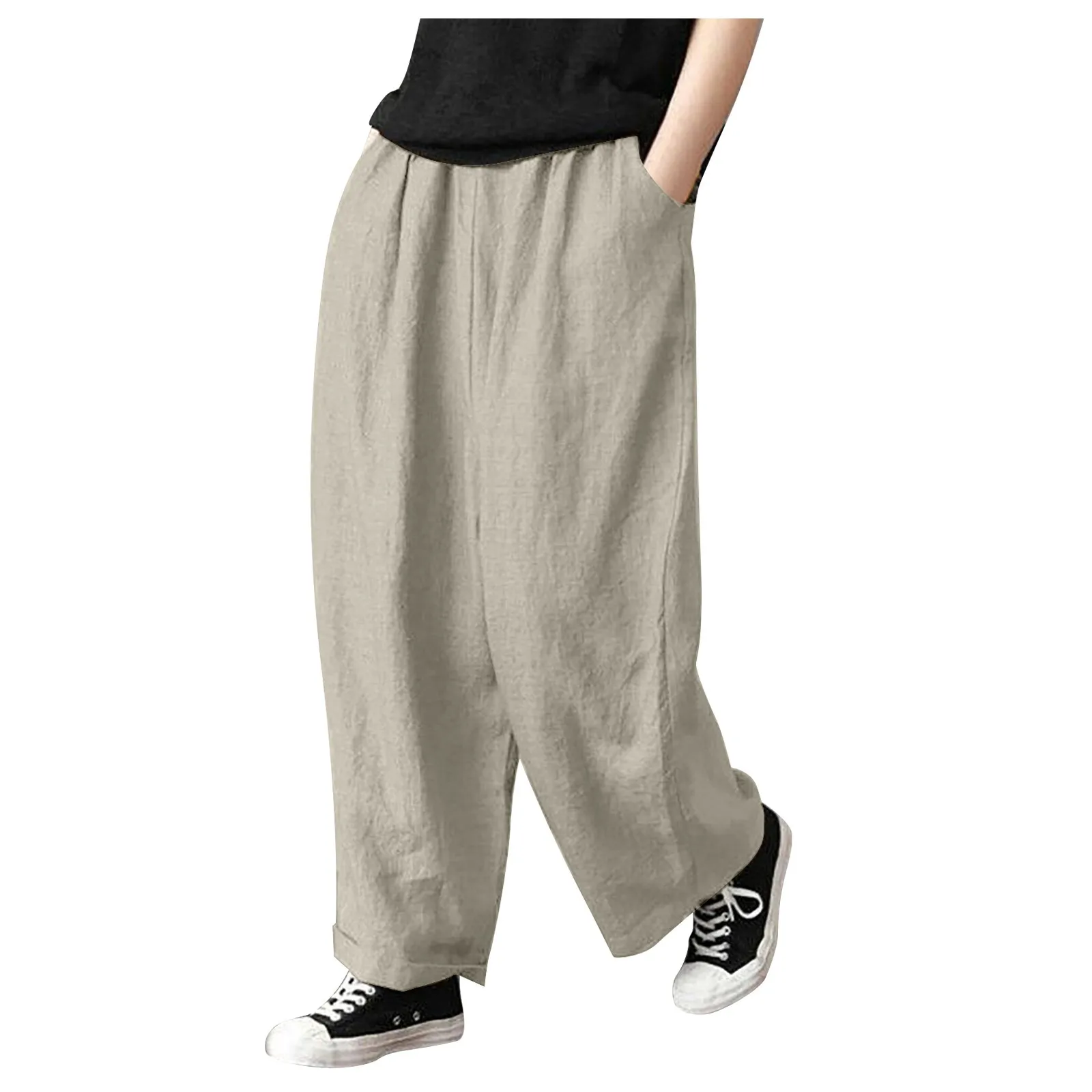 

Брюки женские хлопково-льняные с широкими штанинами, Свободные повседневные Прямые шаровары из хлопка, брюки со средней талией и широкими ш...