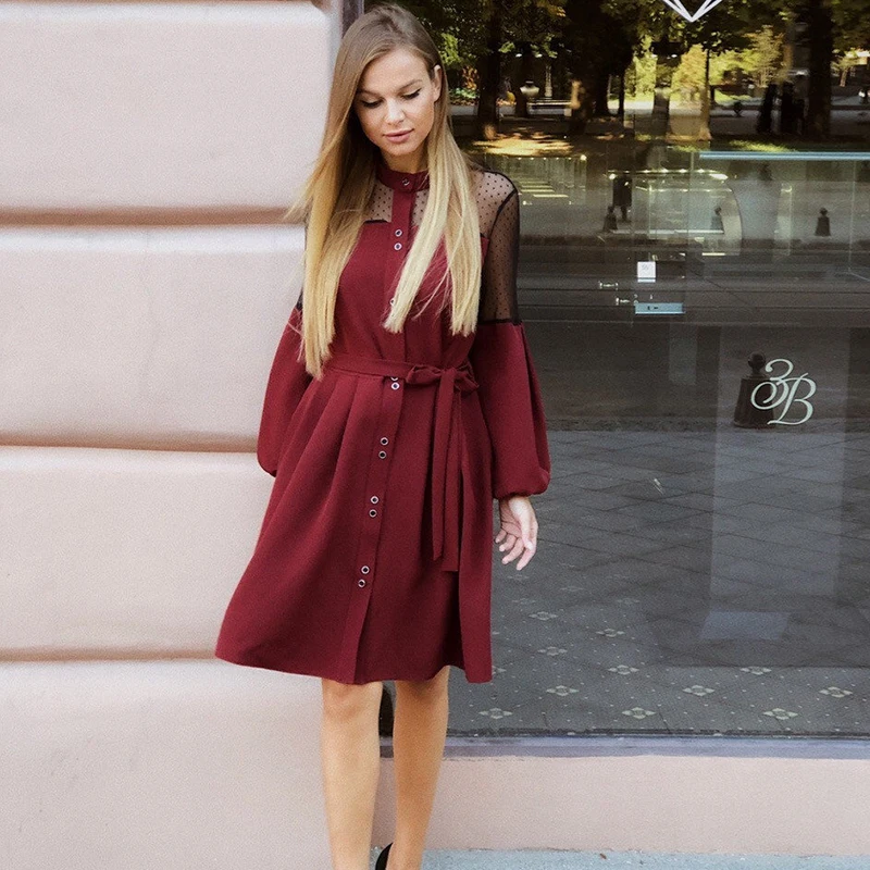 

Women Vintage Lace Patchwork Sashes A-line Dress Long Sleeve Turn-down Collar Solid Elegant Dress 2020 Spring New Fashion Dress