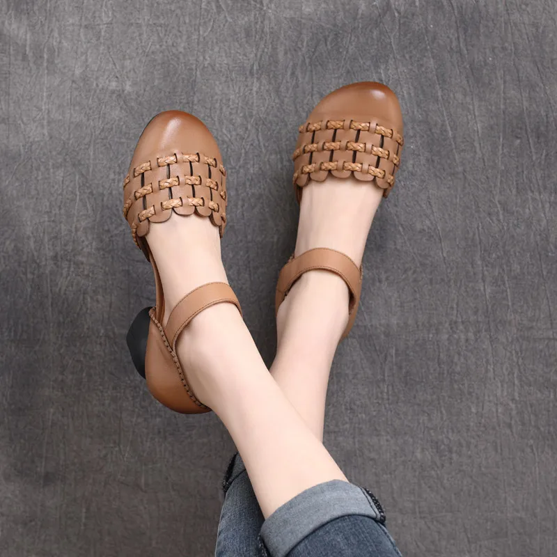 

Сандалии женские кожаные с круглым носком, босоножки на высоком каблуке 5 см, повседневная обувь с ремешком на щиколотке ручной работы, лето ...