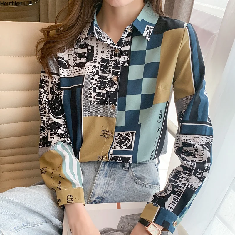 

Блузка женская шифоновая с длинным рукавом, рубашка-поло с принтом, повседневный модный Свободный Топ, лето