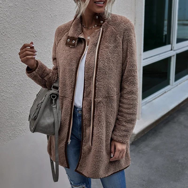 

Faux Fur Coat Women Fashion Women Warm Soft Zipper Pocket Plush Jacket Winter Female Plush Overcoat