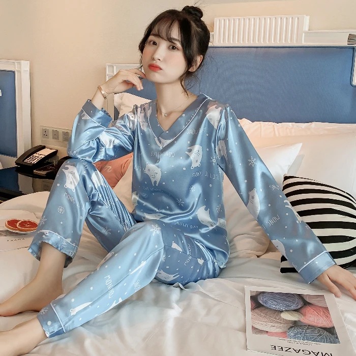 

Long Sleeve Silk Pajamas Sets for Women Autumn Satin Sleepwear Pyjamas Nightwear Set Young Girl Pijama Set femme V-neck homewear