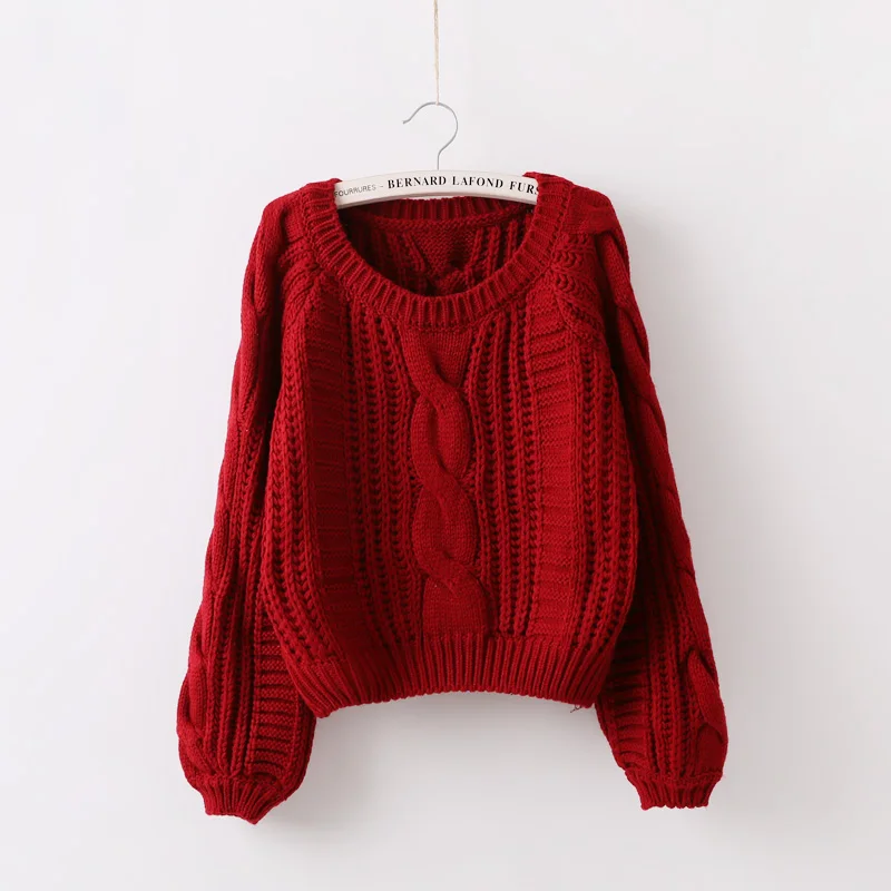 New Winter Women Sweater And Pullovers Female Twisted Coarse Wool Short Lantern-Sleeved Loose Knitted Outwear Tops 0.38KG | Женская