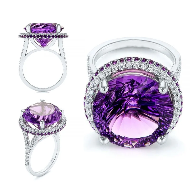 

Milangirl Fashion Silver Color Purple Geometric Crystal Rhinestone Zircon Female Metal Ring for Women Party Jewelry Size 5-11