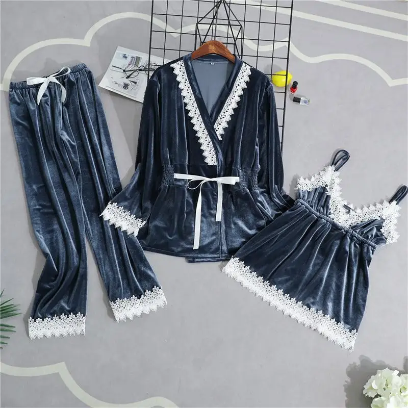 Style 992-D Бургундия Весна велюровые пижамы наборы женские 3 шт ремень Топ брючный костюм повседневная домашняя ночная рубашка сексуальный халат - Цвет: Style 992-D
