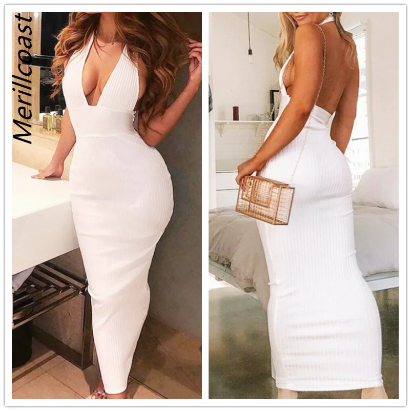 

Maxi Dress White Prom Long Vestido Tanque Shirt Casual Backless Knitted Tank Robe Moulante Femme Sexy Bodycon Summer Kleid Women