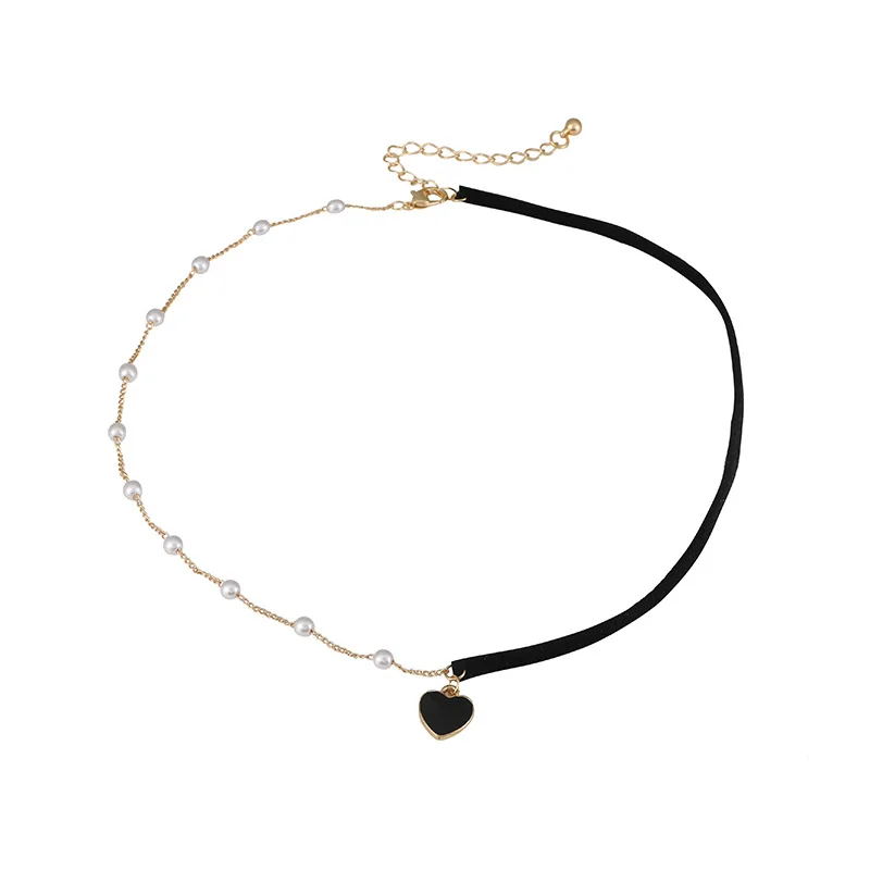 

Simple Handmade Enamel Heart Pendant Necklaces Cosplay Black Red Velvet Pearl Rope Chain Choker Necklace for Women Jewelry