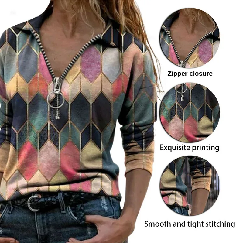 

Muyogrt Women Zipper Shirt 2020 Casual V Neck Blouse Shirt Color Block Print Female Top Spring Autumn Long Sleeve Loose Pullover