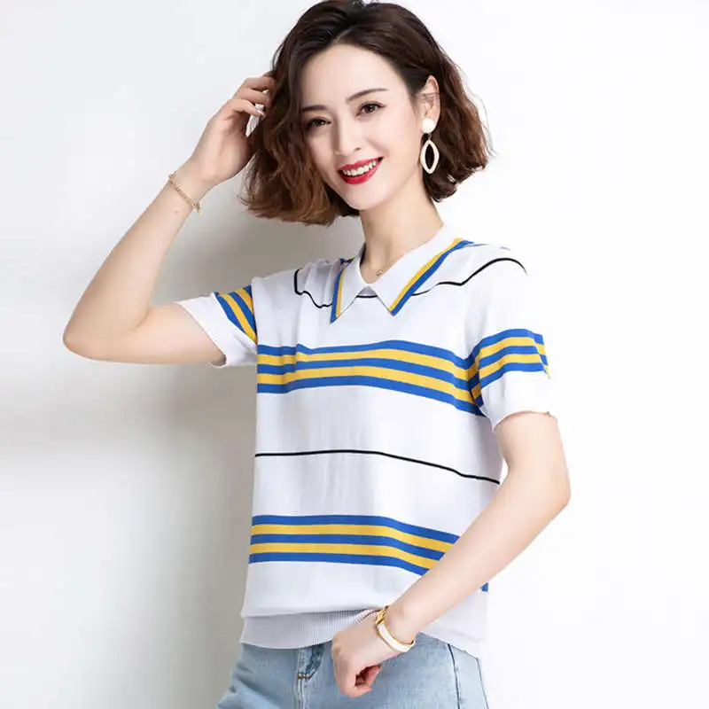 

Ice Silk Short Sleeve T-Shirt for Women, Striped Top, Doll Collar, Color Matched, Loose, Plus Size, Trendy, Summer