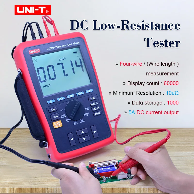 

UNI-T UT620A Digital Micro Ohm Meter DC low resistance tester 120mOhm-6kOhm Ohmmeter Manual range Data storage 4-wire measure