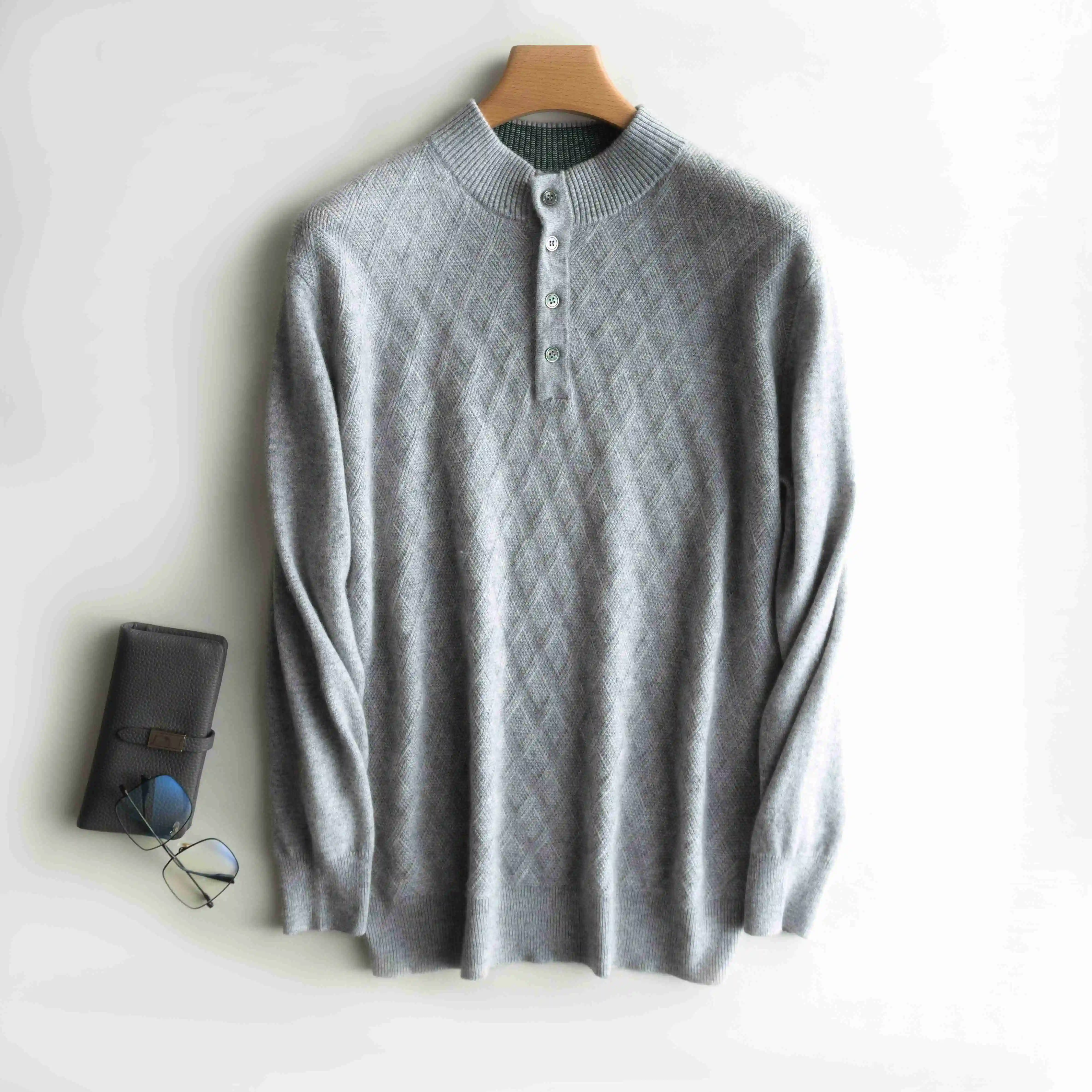 100% Pure Goat Cashmere Knitted Sweaters Man Jumpers 2020 Winter New Fashion Button Neck 4Colors Long Sleeve Pullovers for Male