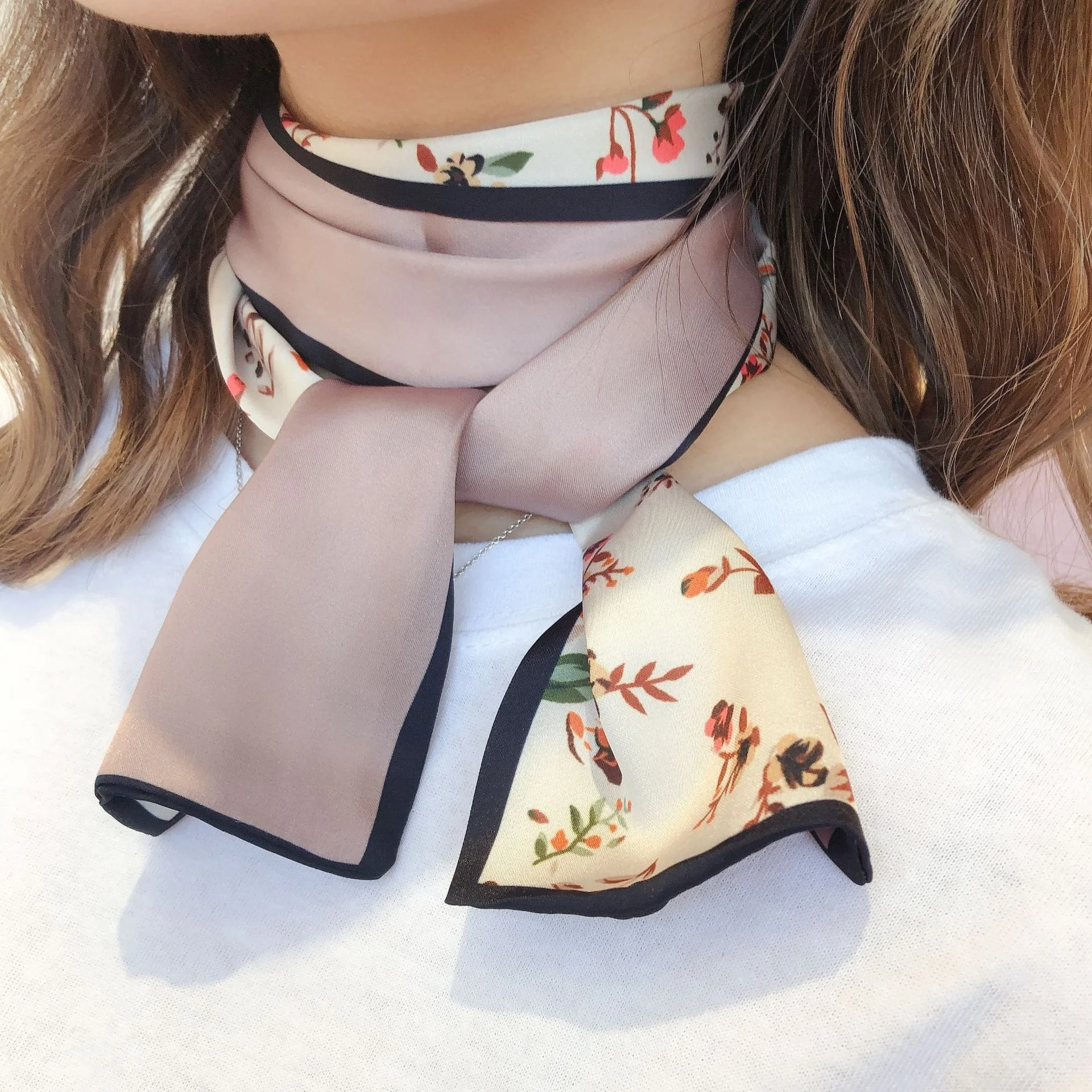 

Elegant Floral Silk Long Scarf Hair Tie Band Small Women Neckerchief Head