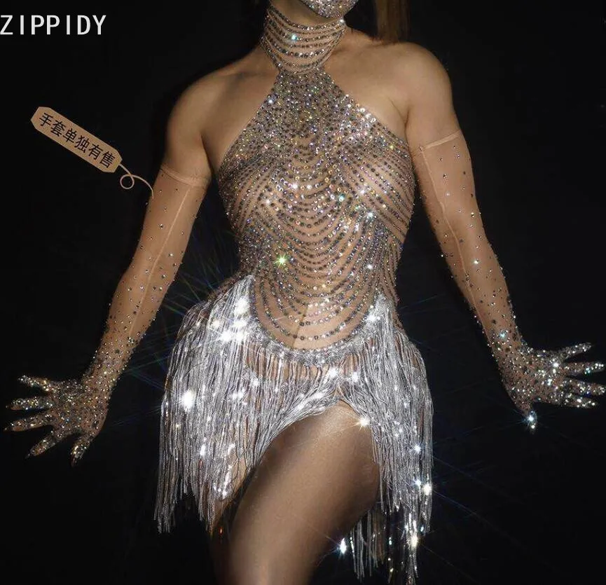 Блестящие стразы серебристые сетчатые боди с кисточками перчатки камнями для