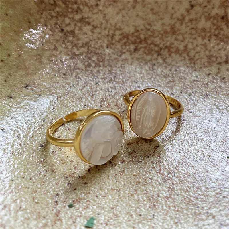 

POFUNUO Real 925 Sterling Silver Women Exquisite Angel Baby Virgin Mary Shell Rings Lovers Gift Jewelry Gold Niche Chic Rings