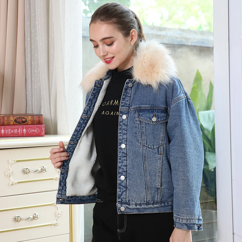 Женская теплая джинсовая куртка LEIJIJEANS повседневная с большим меховым воротником