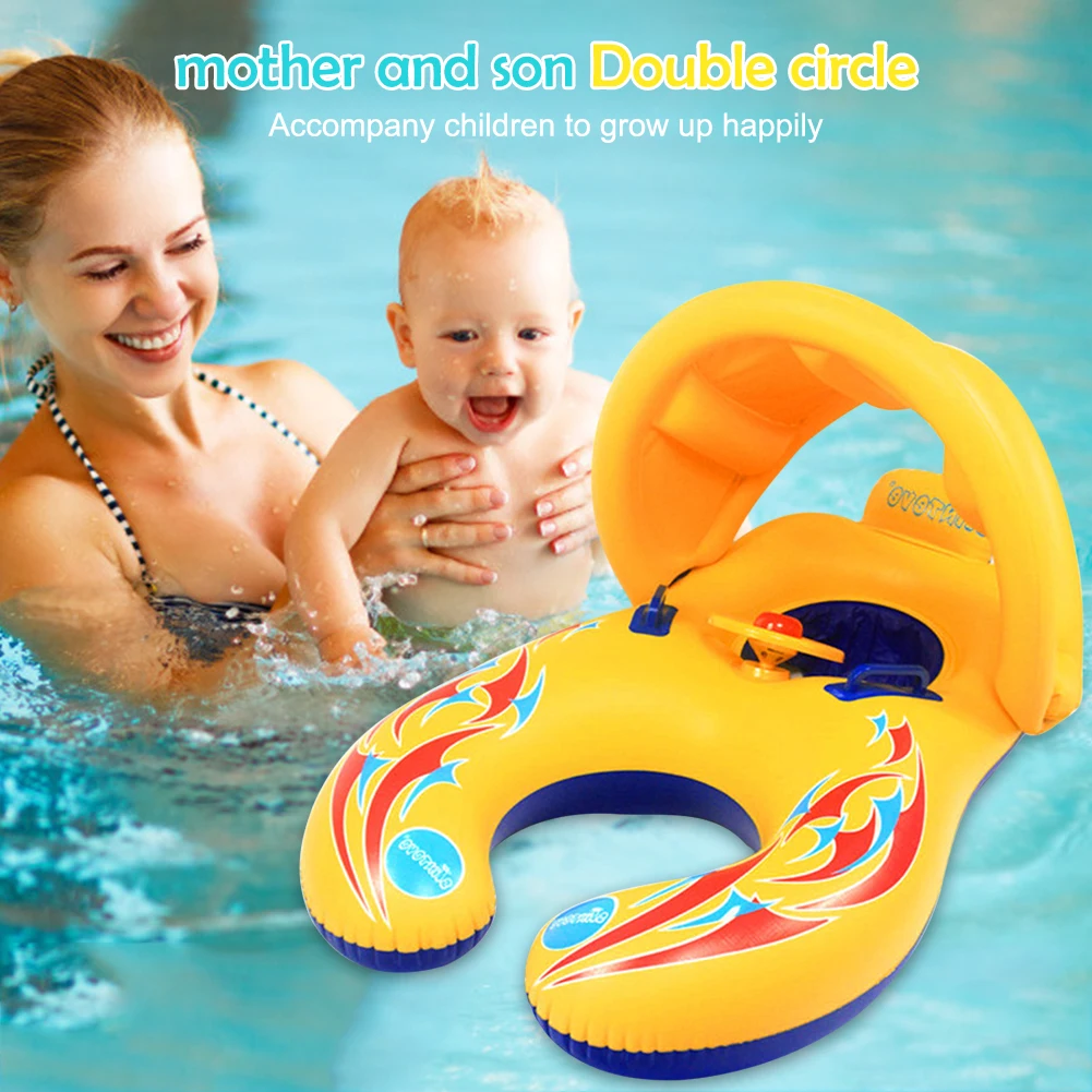 

Двойное плавающее детское кольцо на шею с солнцезащитным козырьком, лежачий круг для младенцев, круг для купания, надувной, экологически чи...