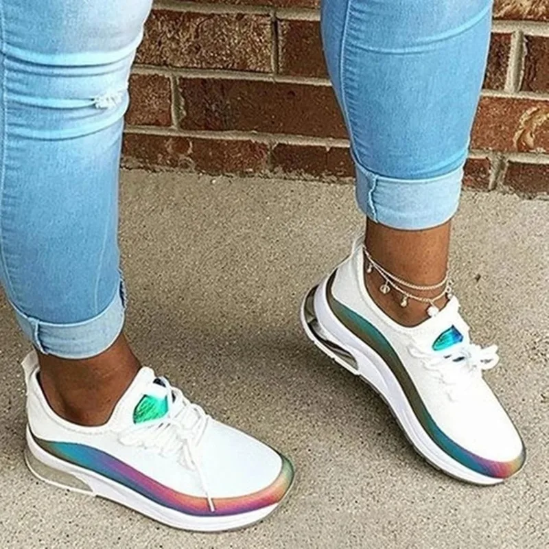 

2021 Women Mesh Air-Cushion Sneaker Lace Up Colorful Breathable Vulcanize Shoes Outdoor Trainer ladies Jogging Walking Shoes