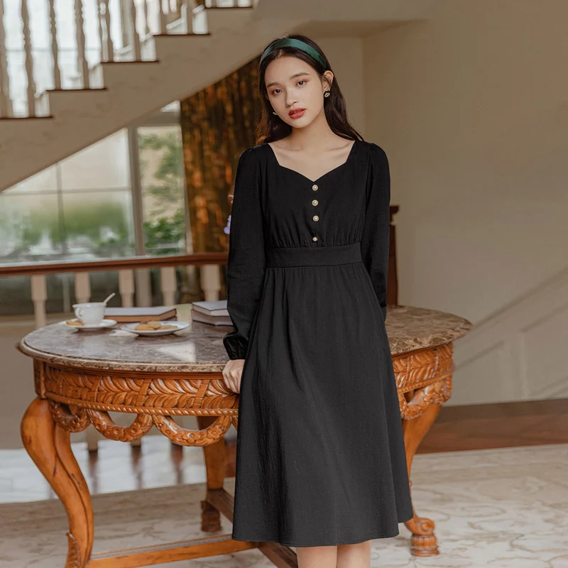 

INMAN Lady Autumn Spring Vintage Black One Piece Retro Art Long Sleeve Peach Collar Waisted Slim Elegant Modest Women's Dress