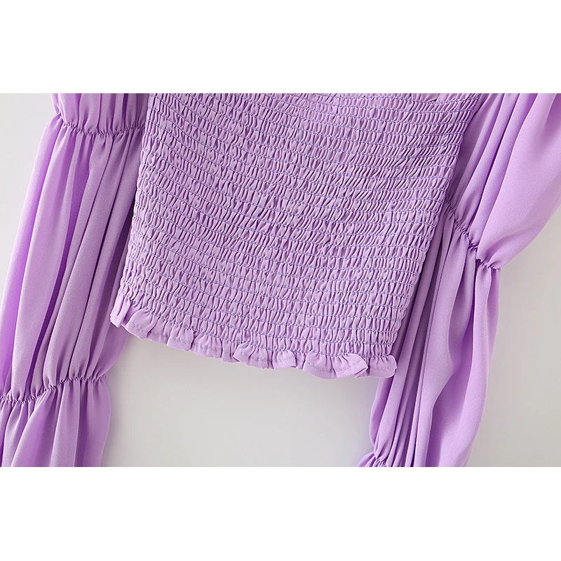 

YOSIBCD Women 2021 Fashion Elastic Smocked Ruffled Cropped Blouses Vintage Square Collar Long Sleeve Female Shirts Chic Tops