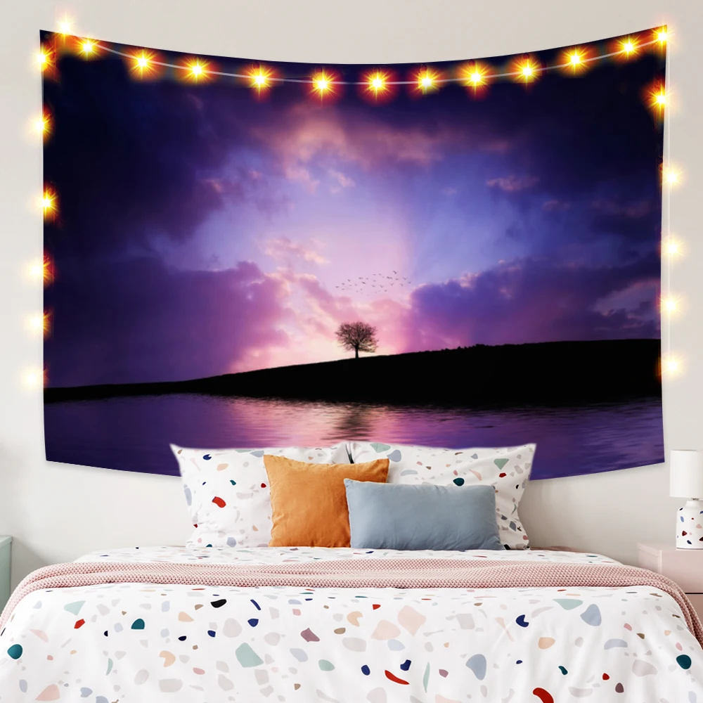 

Гобелен с пейзажем фиолетовый закат Дерево декорации настенный фон общежития Спальня Boho художественное оформление пляжный коврик для пикн...