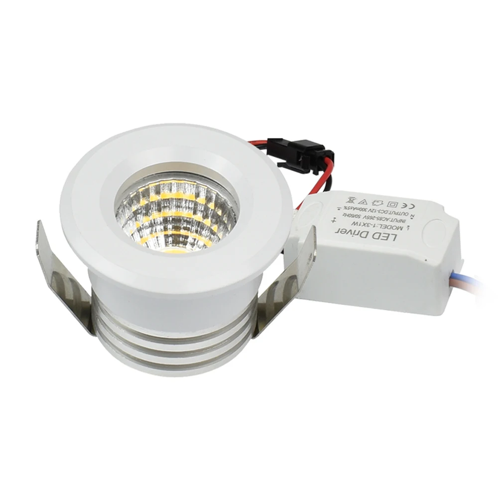Foco de luz de LED de techo empotrado pequeño, COB, 3W, 110V, 220V, controlador regulable incluido para escaparate de casa, armario, hotel, rodapiés, etc.