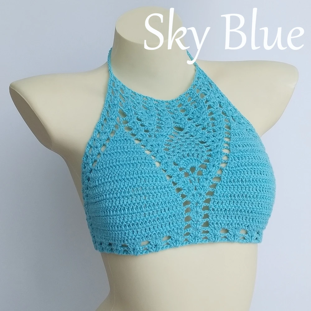 sky blue top Белый сексуальный бикини размера плюс, вязанный крючком Топ, есть подкладка, женский купальник, пуш-ап бюстгальтер, выдалбливают, Холтер, вязанный желтый Бикини Топ - Цвет: sky blue top