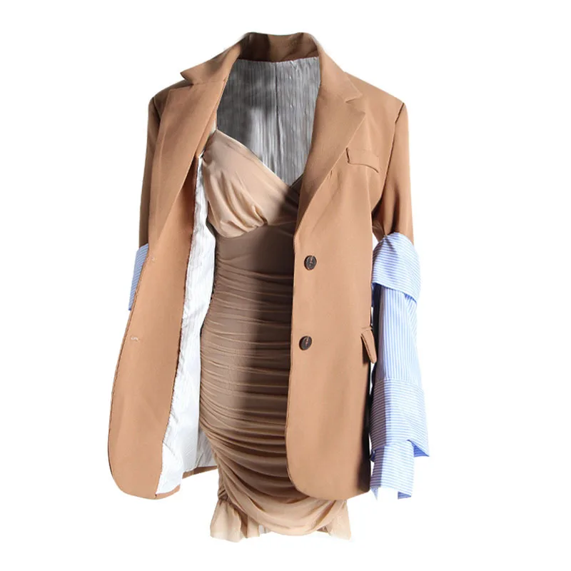 Blazer And Dress Элегантная женская офисная одежда, Осенний женский костюм, съемный полосатый блейзер с длинным рукавом+ эластичное тонкое платье, комплект из двух предметов - Цвет: Blazer And Dress