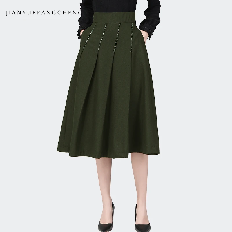 Luxury Gemstones Beading Women Woolen Skirt Solid High Waist Mid-Length A-Line Winter Wool Pleated Skirts 2021 New Elegant Skirt