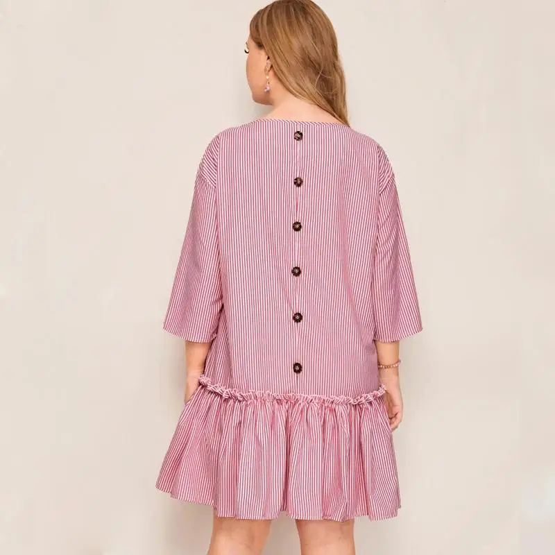 

CACNCUT 2020 Summer Plus Size Pink Striped Dress Women Casual Loose Ruffles Dress 5XL 6XL Large Size Half Sleeve A-Line Vestidos