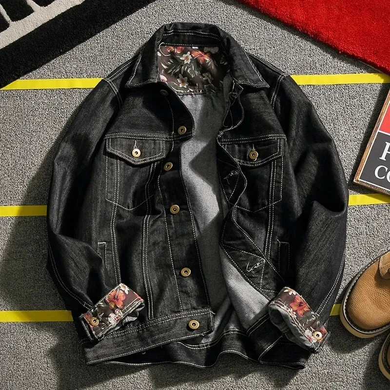 

Harajuku Denim Jacket Men Korean Loose Autumn Clothes Vintage Casual Jeans Coat Streetwear Spell Flowers Outwear Male Jaquetas