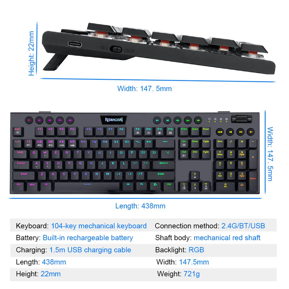 Игровая клавиатура Redragon Horus K618 с RGB-подсветкой Bluetooth 5 0 беспроводная USB 2 4G 3 режима