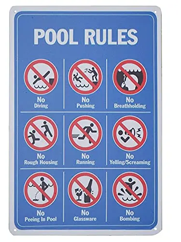 

Pool Rules No Diving No Pushing No Running No Peeing Wall Poster Tin Sign Vintage BBQ Restaurant Dinner Room Cafe Shop Decor