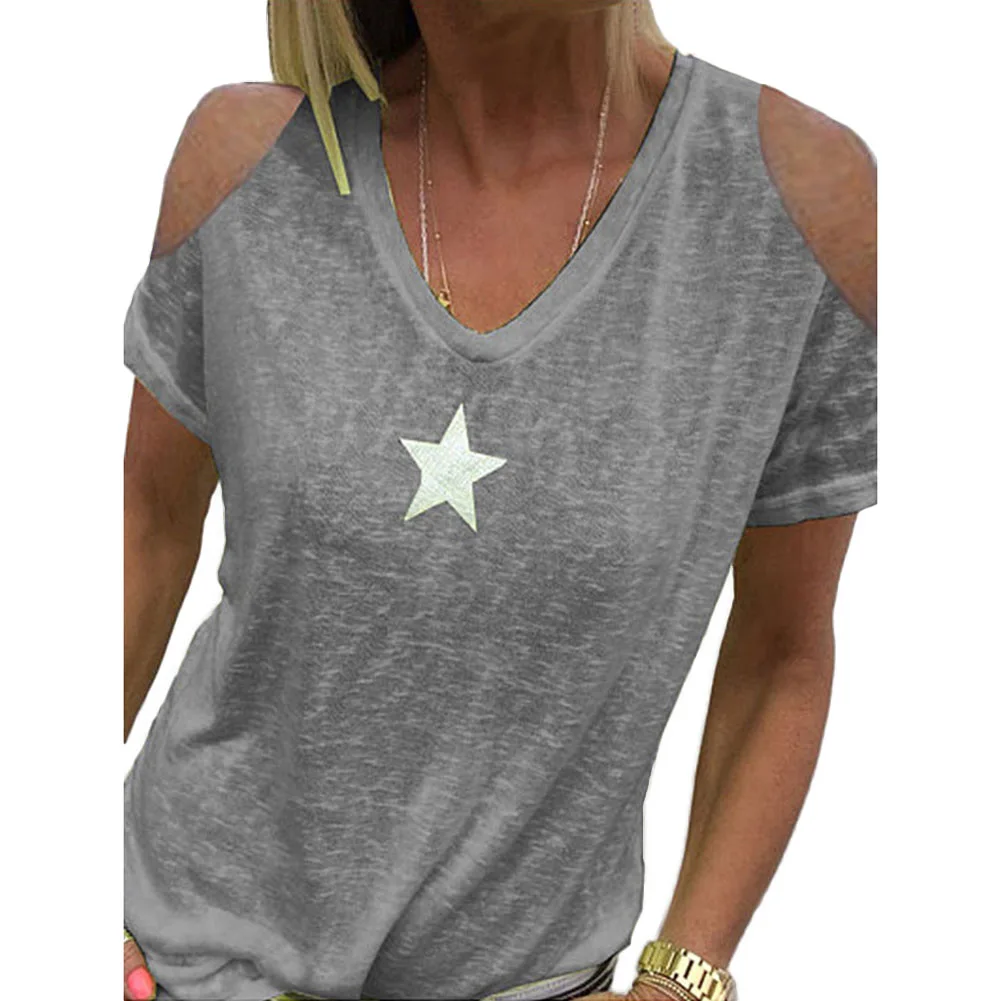 

Hot Women T-Shirt Summer Cold Shoulder Star Print Plus Size T-Shirt V Neck Solid Color Top Oversized T Shirt Women's Clothing