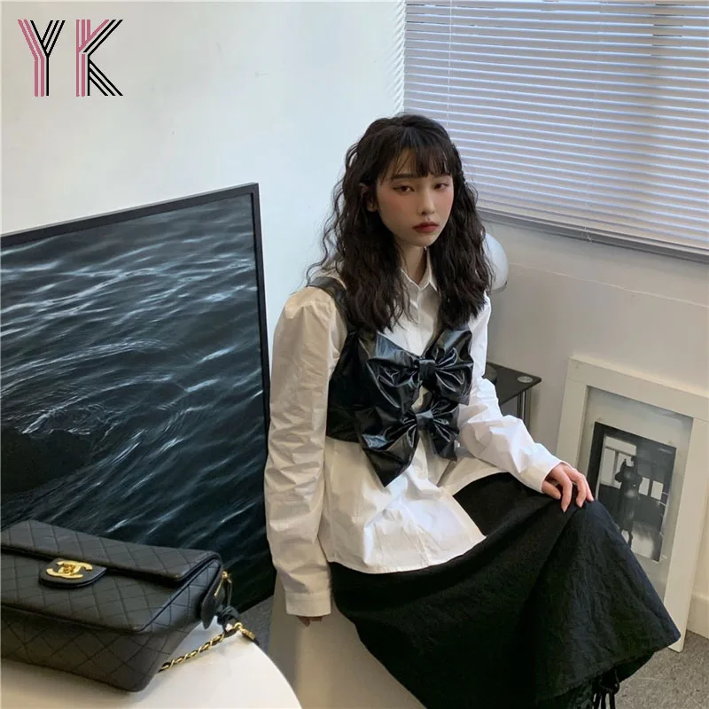 

Two-Piece White Shirt + Bow Sling Spring Casual Vintage Korean Women'S Overlap Suit 2021 New Fashion Harajuku Gothic Top Set