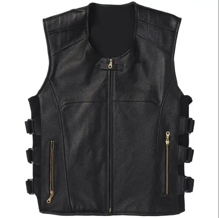 Жилет мужской из натуральной кожи Байкерский мотоциклетный жилет с открытым