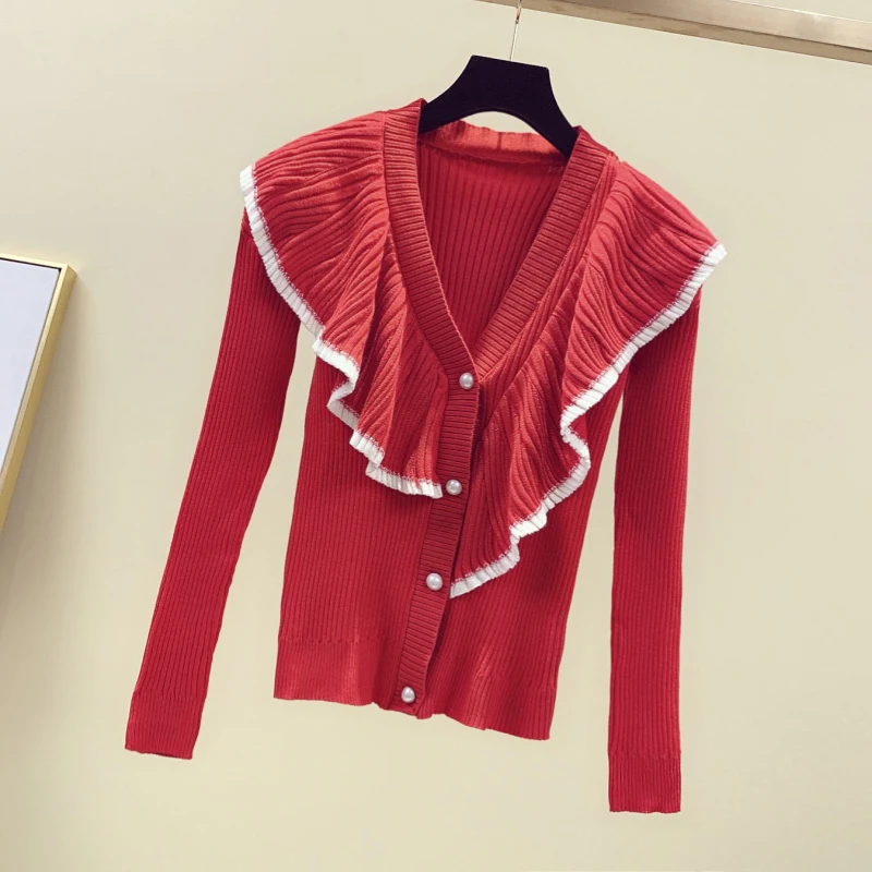 4XL sweater flounced stitching women's 2019 new Autumn fat sister knitted single-breasted |