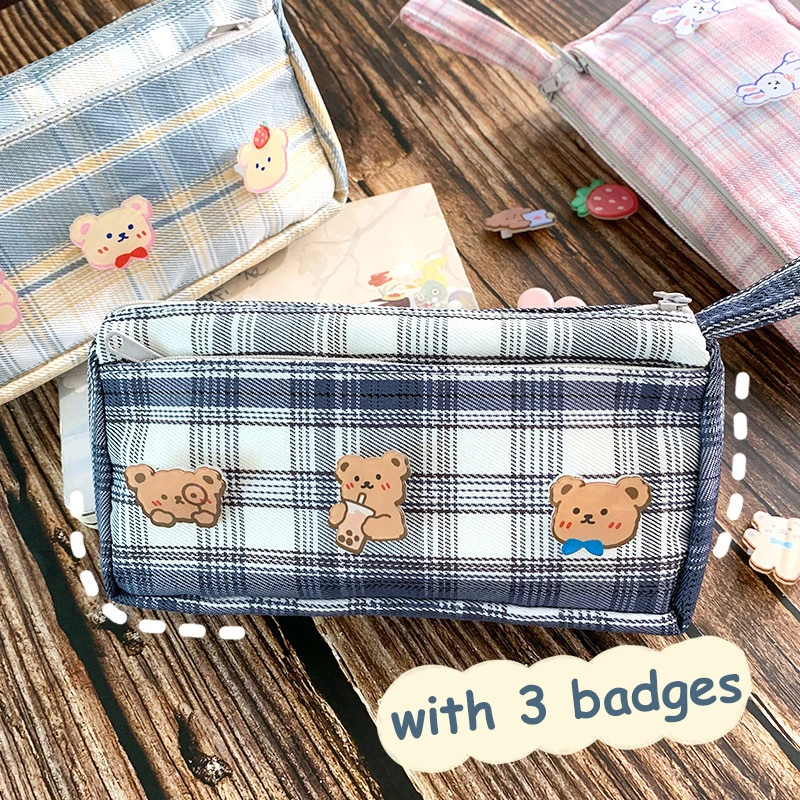 

kawaii Cute Bear Pencil Case Super Large Pencil bag Canvas Grid School Supplies Stationery Storage Bag Free Badges for Boy Girls