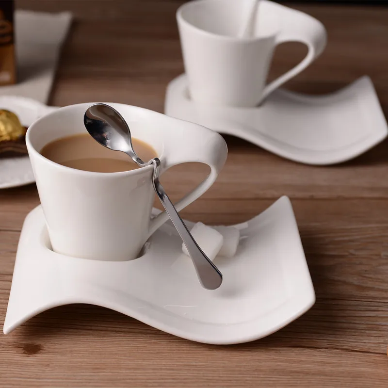

Creative wavy ceramic fancy coffee cup and saucer set European small luxury couple 90ml/130ml/200ml300ml coffee cup
