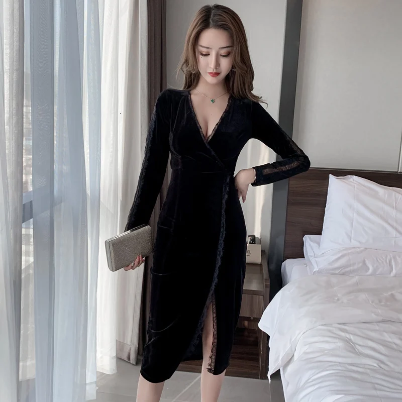 

Женское платье с длинным рукавом, черное винтажное Вечернее Платье макси с V-образным вырезом, повседневная одежда в Корейском стиле для зим...