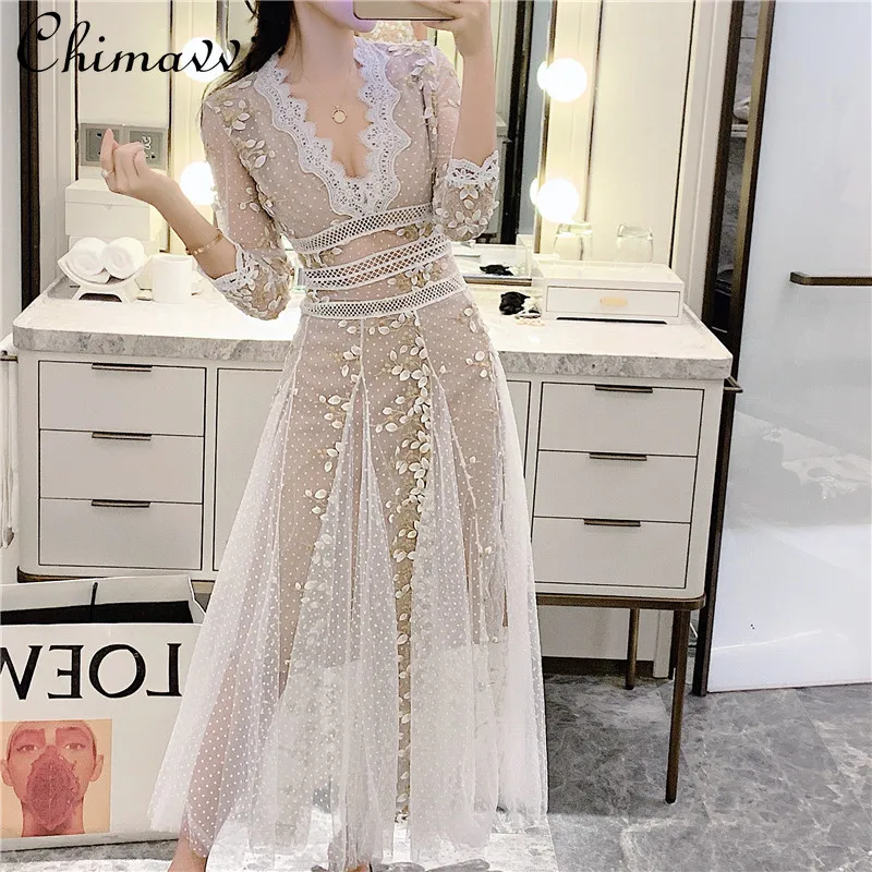 Spring Embroidered Lace Super Fairy Sexy V-neck Hollow-out Dress Female Fashion Sweet High Street Three Quater Sleeves Dress