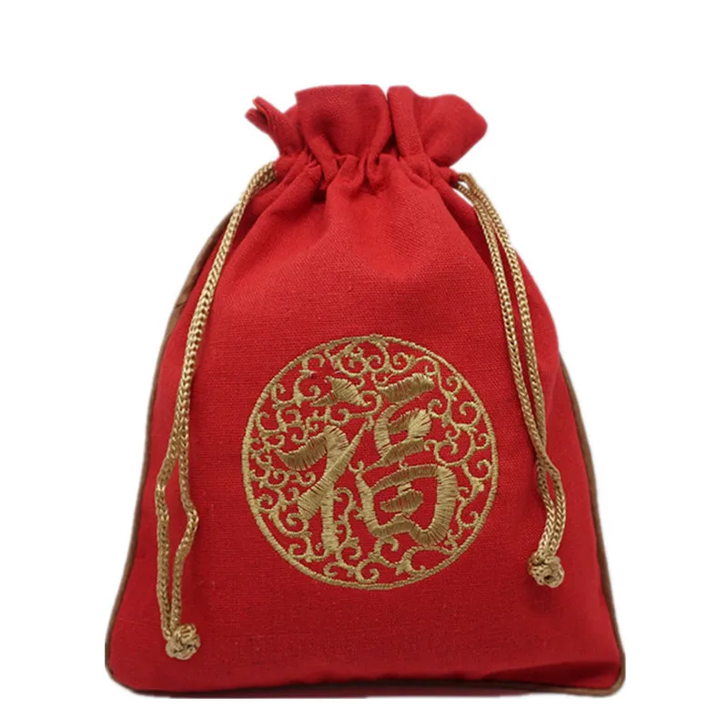 10pcs Chinese style Embroidery Lucky Fu Bag Large Jewellery Pouch Cotton Linen Drawstring Gift Packaging Candy Storage