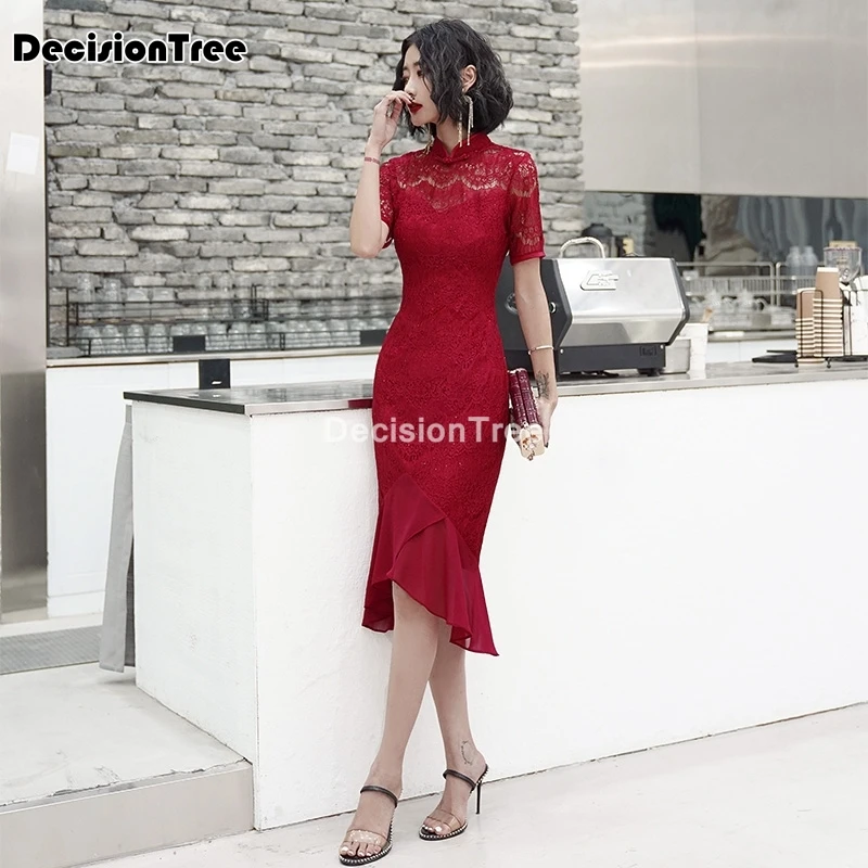 Женское кружевное платье Ципао Элегантное Длинное Красное Русалка с воротником