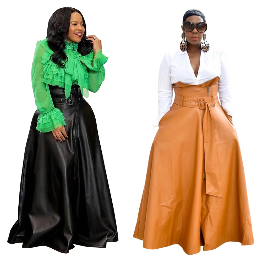 

Women PU Leather Skirt Autumn Irregular High Waist Zipper Belt A line Fashion Lady Maxi Skirt with Pockets Party Club 2021